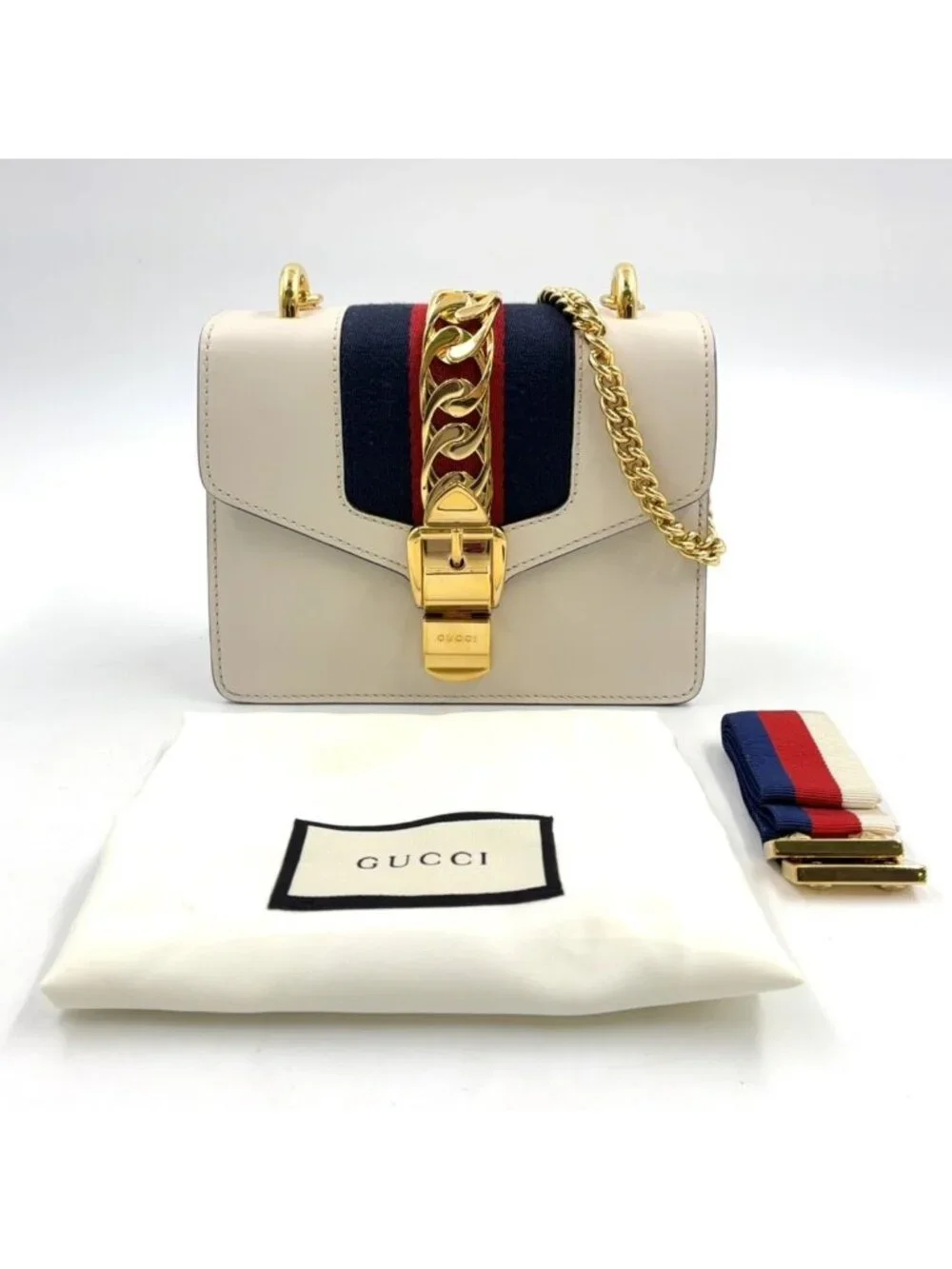 Gucci Sylvie Mini Canvas Calfskin Off White Navy Red Chain Shoulder Bag Gold